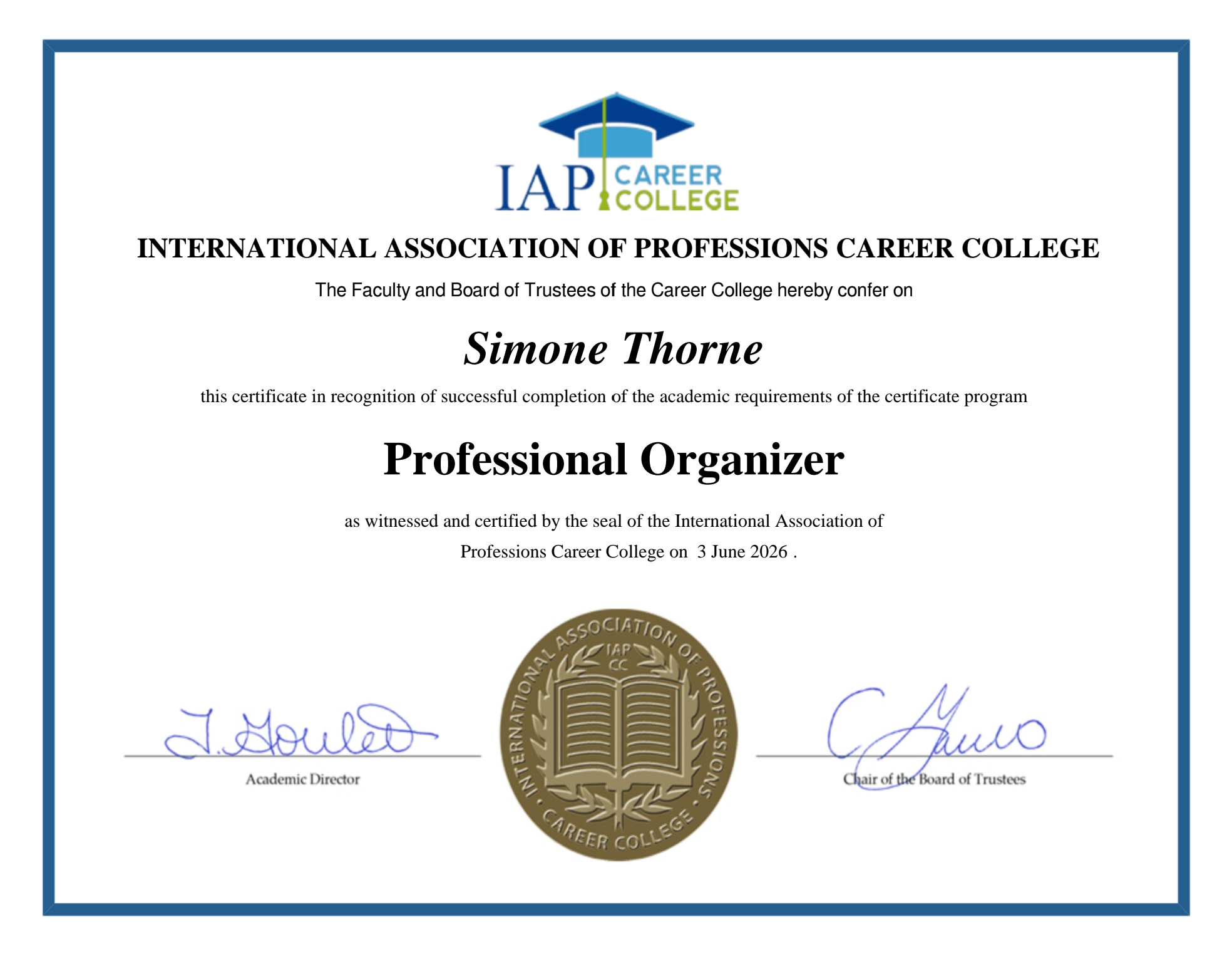 Simone Thorne's Professional Organizer certificate from the International Association of Professions Career College